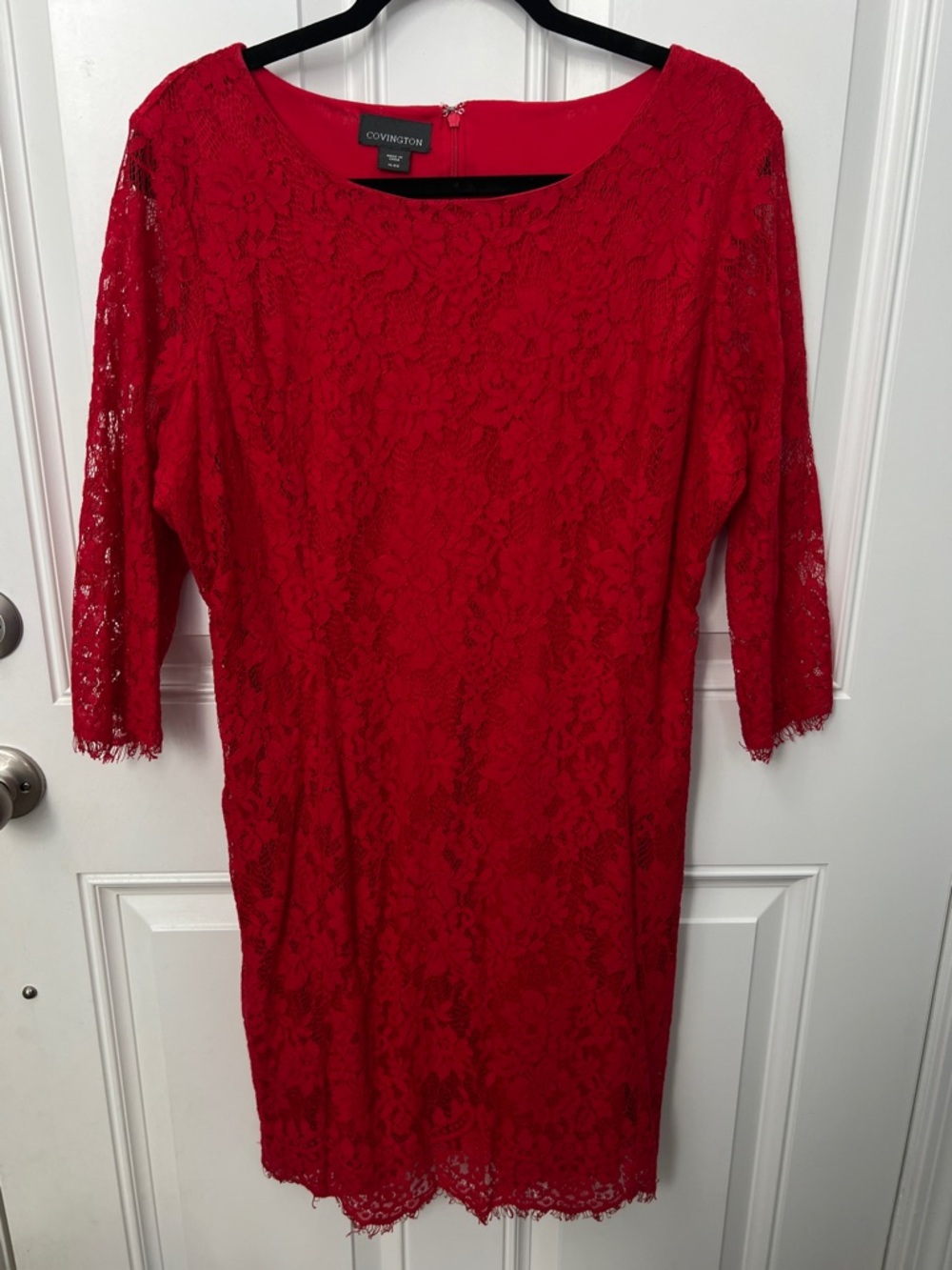 Covington Womens Red Floral Lace Sheath Dress 3/4 Sleeve Eyelash Trim XL
